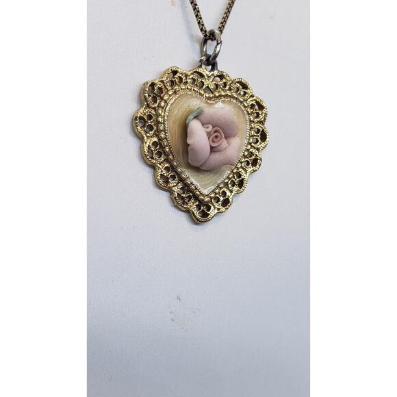 Vintage Heart Necklace Pink Porcelain Rose Gold Plated Filigree Artisan Handmade - Picture 3 of 12